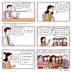 A simple 8-paneled comic strip illustrating gender discrimination with a relatable scenario in each panel