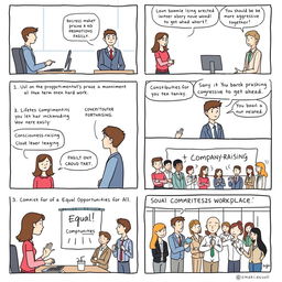 A simple 8-paneled comic strip illustrating gender discrimination with a relatable scenario in each panel