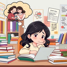 A reflective clipart illustration showing a girl with wavy black hair, sitting at her desk surrounded by books and notes, looking thoughtful and regretful