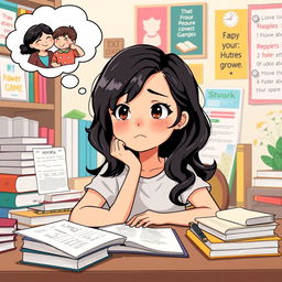 A reflective clipart illustration showing a girl with wavy black hair, sitting at her desk surrounded by books and notes, looking thoughtful and regretful