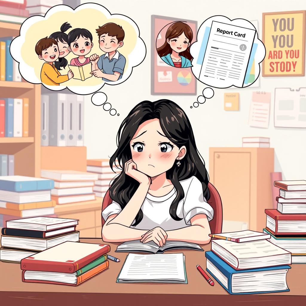 A reflective clipart illustration showing a girl with wavy black hair, sitting at her desk surrounded by books and notes, looking thoughtful and regretful