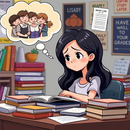 A reflective clipart illustration showing a girl with wavy black hair, sitting at her desk surrounded by books and notes, looking thoughtful and regretful