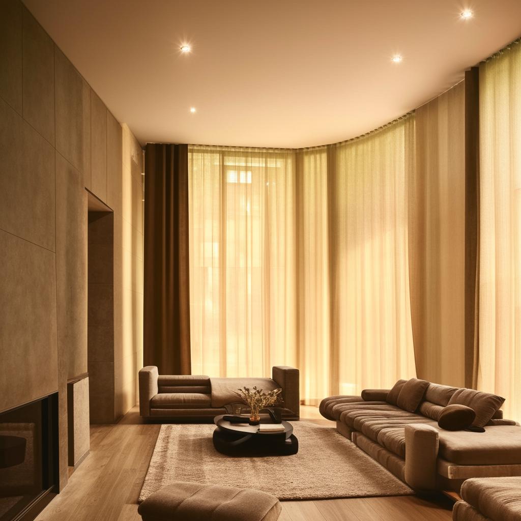 A luxurious and modern living room with trendy furniture, a glowing fireplace, large windows draped with elegant curtains, on a well-polished wooden floor, with enchanting wall art and warm ambient lighting