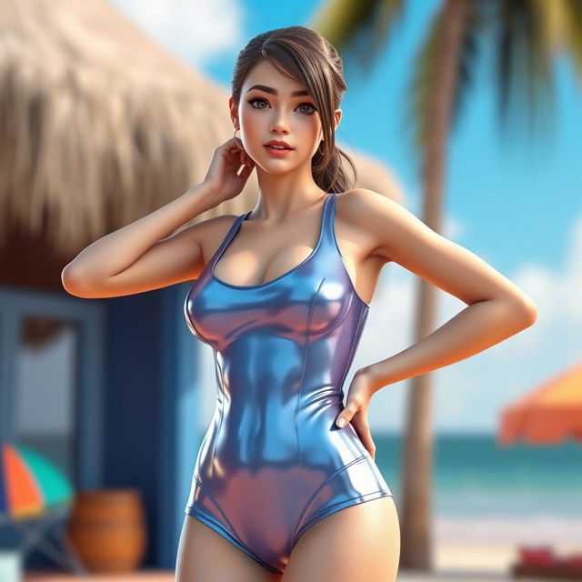 A semi-realistic 3D rendering of a teen girl in a sleek latex swimsuit designed with high detail, showcasing her armpits