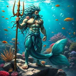 A male Triton figure, depicted as a strong and majestic sea god from mythology