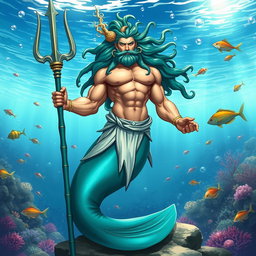 A male Triton figure, depicted as a strong and majestic sea god from mythology