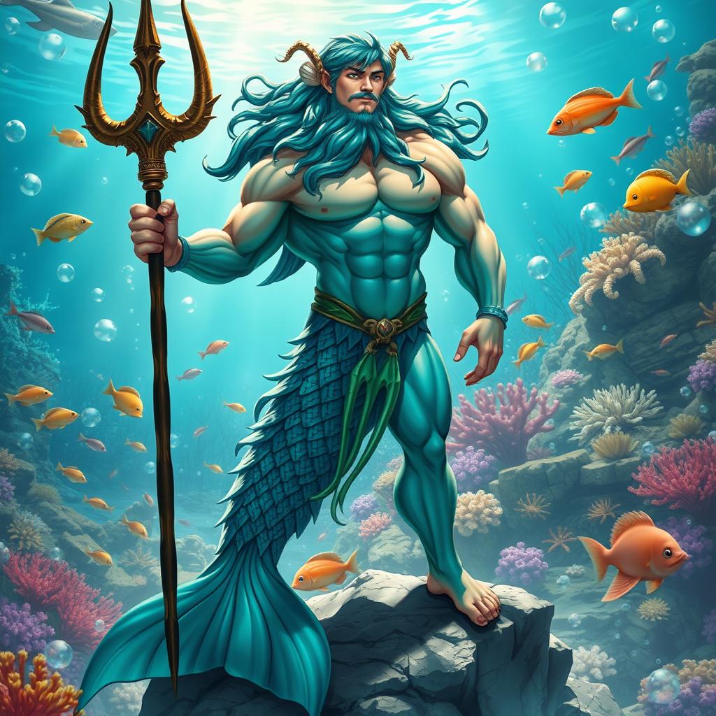 A male Triton figure, depicted as a strong and majestic sea god from mythology