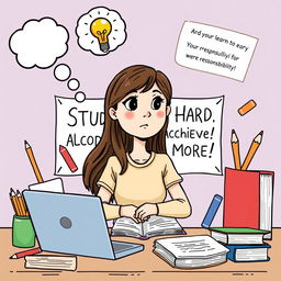 A thoughtful clipart illustration depicting a girl with long brown hair, sitting at a study desk surrounded by books and a laptop