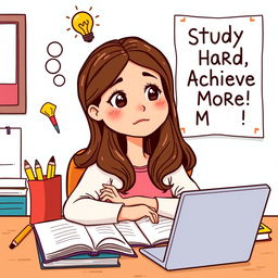 A thoughtful clipart illustration depicting a girl with long brown hair, sitting at a study desk surrounded by books and a laptop