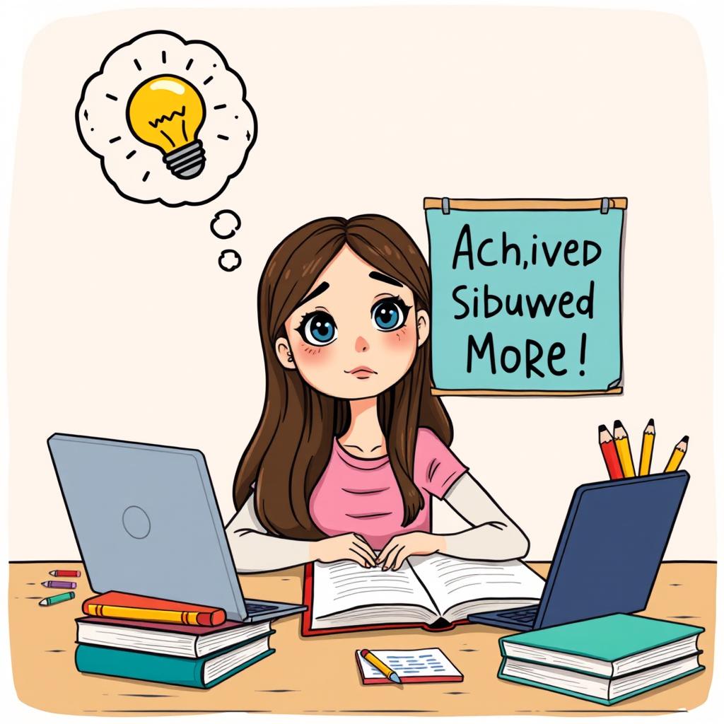 A thoughtful clipart illustration depicting a girl with long brown hair, sitting at a study desk surrounded by books and a laptop