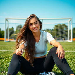 A stunning portrait of Karina from aespa sitting in a soccer field, exuding confidence with a playful pose