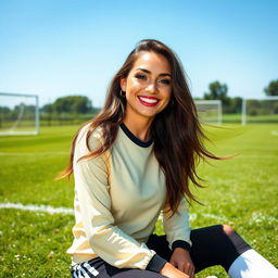 A stunning portrait of Karina from aespa sitting in a soccer field, exuding confidence with a playful pose