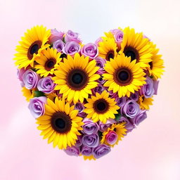A vibrant heart shape composed entirely of sunflowers and violet roses, arranged artistically to create a stunning bouquet
