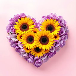 A vibrant heart shape composed entirely of sunflowers and violet roses, arranged artistically to create a stunning bouquet