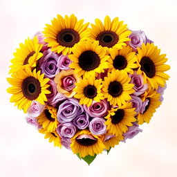 A vibrant heart shape composed entirely of sunflowers and violet roses, arranged artistically to create a stunning bouquet
