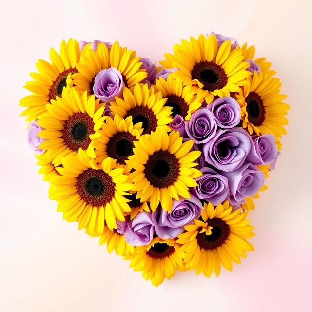 A vibrant heart shape composed entirely of sunflowers and violet roses, arranged artistically to create a stunning bouquet