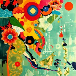 Create a vibrant and intricate design plan inspired by Southeast Asian nationalistic post-war arts, incorporating elements of abstraction, realism, and avant-garde styles
