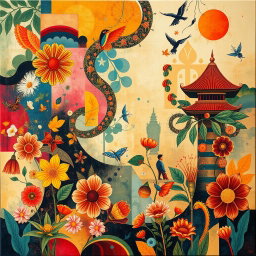 Create a vibrant and intricate design plan inspired by Southeast Asian nationalistic post-war arts, incorporating elements of abstraction, realism, and avant-garde styles
