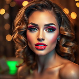 A glamorous portrait of a woman showcasing stunning party makeup, featuring bold eyeshadow in vibrant colors, shimmering highlighter accentuating her cheekbones, and full, glossy lips in a striking shade