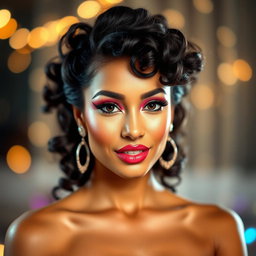 A glamorous portrait of a woman showcasing stunning party makeup, featuring bold eyeshadow in vibrant colors, shimmering highlighter accentuating her cheekbones, and full, glossy lips in a striking shade