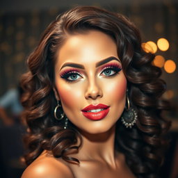 A glamorous portrait of a woman showcasing stunning party makeup, featuring bold eyeshadow in vibrant colors, shimmering highlighter accentuating her cheekbones, and full, glossy lips in a striking shade