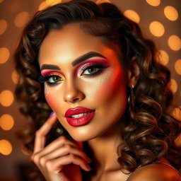 A glamorous portrait of a woman showcasing stunning party makeup, featuring bold eyeshadow in vibrant colors, shimmering highlighter accentuating her cheekbones, and full, glossy lips in a striking shade