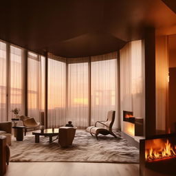 A luxurious and modern living room with trendy furniture, a glowing fireplace, large windows draped with elegant curtains, on a well-polished wooden floor, with enchanting wall art and warm ambient lighting