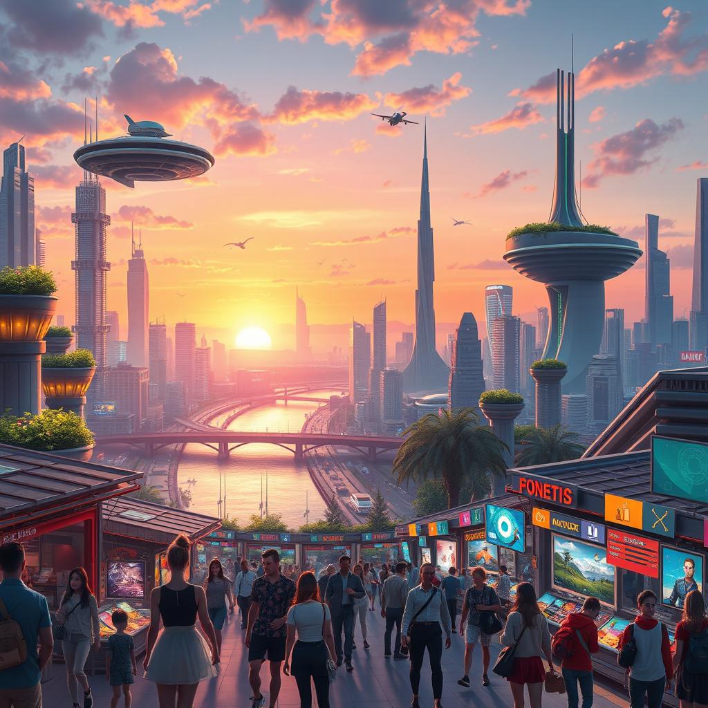 A vibrant digital artwork featuring a futuristic cityscape at sunset, filled with glowing neon lights and towering skyscrapers