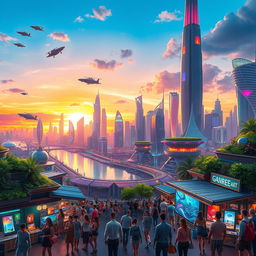 A vibrant digital artwork featuring a futuristic cityscape at sunset, filled with glowing neon lights and towering skyscrapers