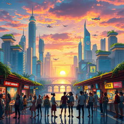 A vibrant digital artwork featuring a futuristic cityscape at sunset, filled with glowing neon lights and towering skyscrapers