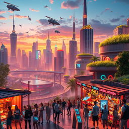 A vibrant digital artwork featuring a futuristic cityscape at sunset, filled with glowing neon lights and towering skyscrapers