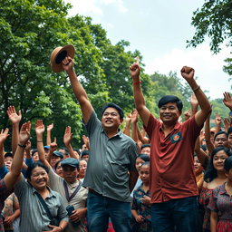 An outdoor scene depicting a powerful moment of unity and protest