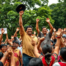 An outdoor scene depicting a powerful moment of unity and protest