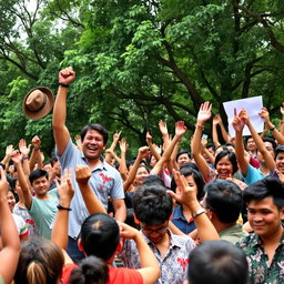 An outdoor scene depicting a powerful moment of unity and protest