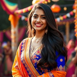 A beautiful 26-year-old Indian woman wearing a vibrant and intricately designed salwar kameez, the outfit showcasing rich colors like royal blue and gold with delicate embroidery