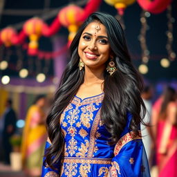 A beautiful 26-year-old Indian woman wearing a vibrant and intricately designed salwar kameez, the outfit showcasing rich colors like royal blue and gold with delicate embroidery
