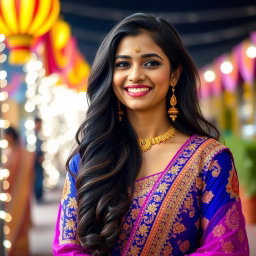 A beautiful 26-year-old Indian woman wearing a vibrant and intricately designed salwar kameez, the outfit showcasing rich colors like royal blue and gold with delicate embroidery
