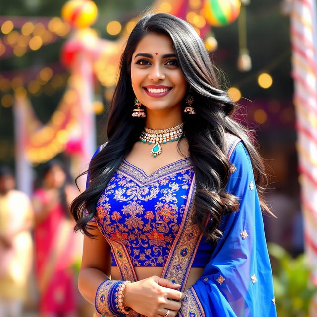 A beautiful 26-year-old Indian woman wearing a vibrant and intricately designed salwar kameez, the outfit showcasing rich colors like royal blue and gold with delicate embroidery