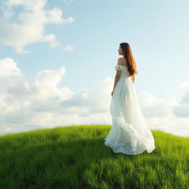 A serene landscape featuring a lone woman standing gracefully atop a hill, her flowing white dress billowing gently in the breeze