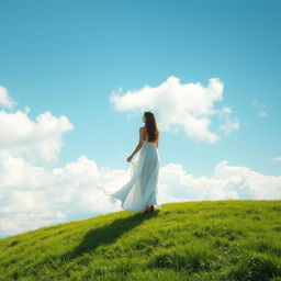 A serene landscape featuring a lone woman standing gracefully atop a hill, her flowing white dress billowing gently in the breeze