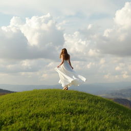 A serene landscape featuring a lone woman standing gracefully atop a hill, her flowing white dress billowing gently in the breeze