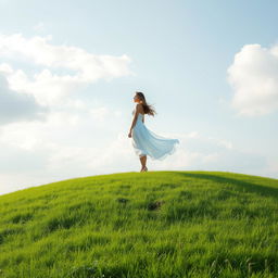 A serene landscape featuring a lone woman standing gracefully atop a hill, her flowing white dress billowing gently in the breeze