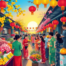 A vibrant and colorful scene celebrating Tết, the Vietnamese Lunar New Year, filled with hope and joy
