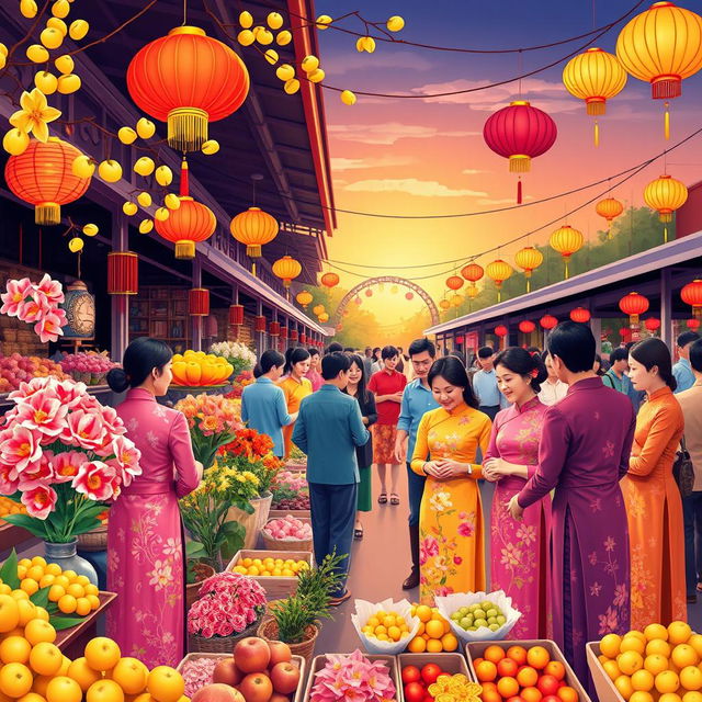 A vibrant and colorful scene celebrating Tết, the Vietnamese Lunar New Year, filled with hope and joy