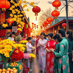 A vibrant and colorful scene celebrating Tết, the Vietnamese Lunar New Year, filled with hope and joy