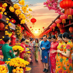 A vibrant and colorful scene celebrating Tết, the Vietnamese Lunar New Year, filled with hope and joy