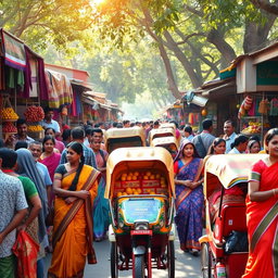 A vibrant street market scene in Bangladesh, bustling with activity