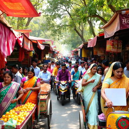 A vibrant street market scene in Bangladesh, bustling with activity