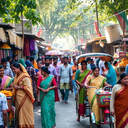 A vibrant street market scene in Bangladesh, bustling with activity
