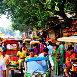 A vibrant street market scene in Bangladesh, bustling with activity